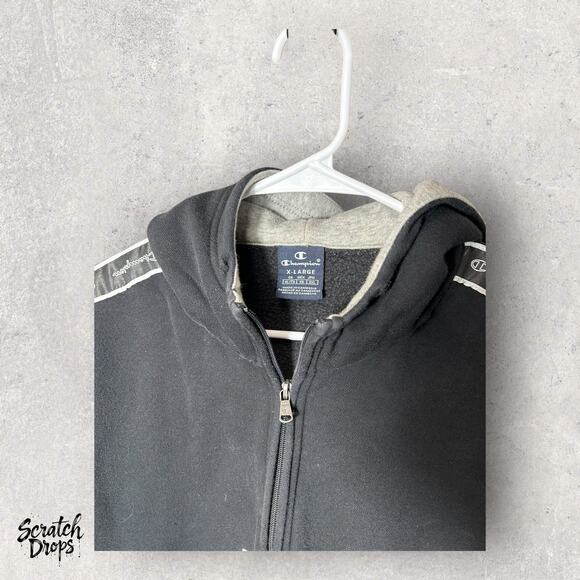 Champion Hoodie XL Black Half-Zip Logo Tape Kangaroo Pocket Athletic Wear Hoodie - Picture 2 of 4